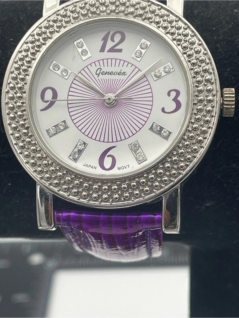 Genevèx Watch with Vibrant Purple Genuine Leather Band. Silver Tone
